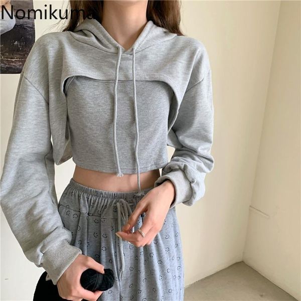 

women's hoodies & sweatshirts nomikuma long sleeve hooded sweatshirt women two pieces suits super short hoody + basic sling vest 2021, Black