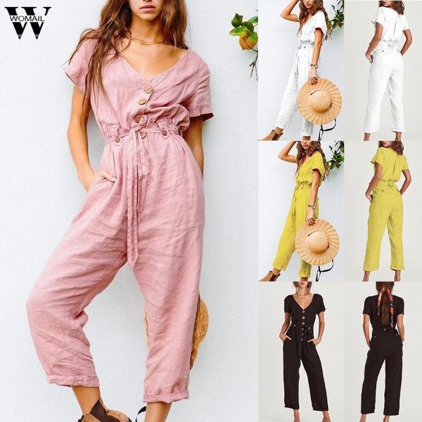 

women's jumpsuits & rompers womail jumpsuit women elegant summer short sleeve single breasted button overall black wide leg long trouse, Black;white