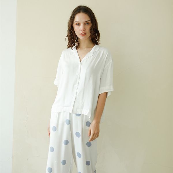 

summer women's pants & capris casual 100% viscose white short sleeve pajama sets blue dot ankle-length loose comfortable sleepwear suit, Black;white