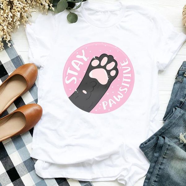

women lady cartoon cat paw cartoon fashion animal 90s print t tee womens tshirt for female shirt clothes graphic t-shirt, White