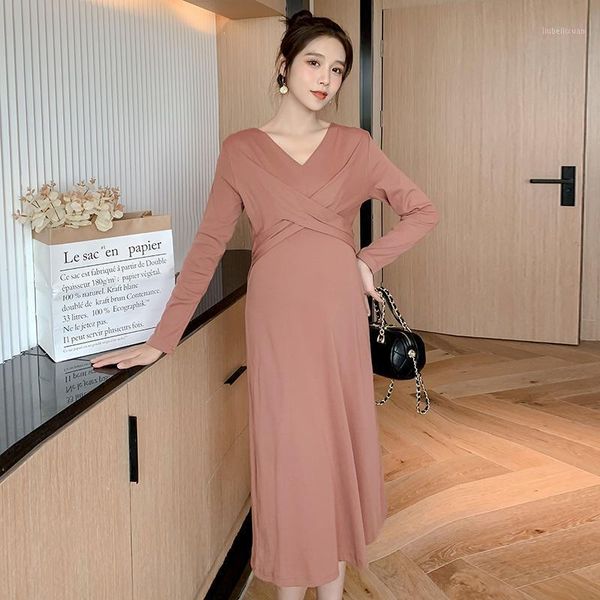 

maternity clothes spring autumn cotton long sleeve loose stylish dress for pregnant women mid-long mom dress1, White