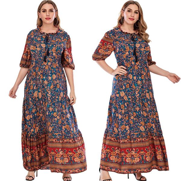 

ethnic clothing women printed long dress loose plus size half sleeve vintage bohemian casual maxi robe cotton arab muslim abaya turkish fash, Red
