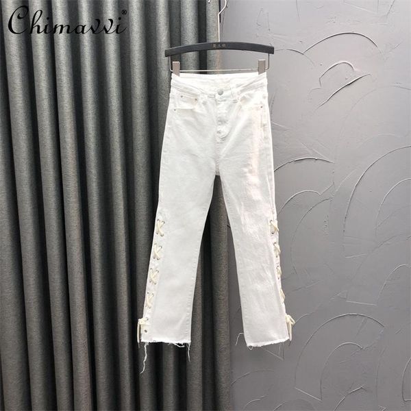 

women's jeans white casual for women 2021 autumn fashion high waist baggy pants female rope straight skinny denim trousers, Blue