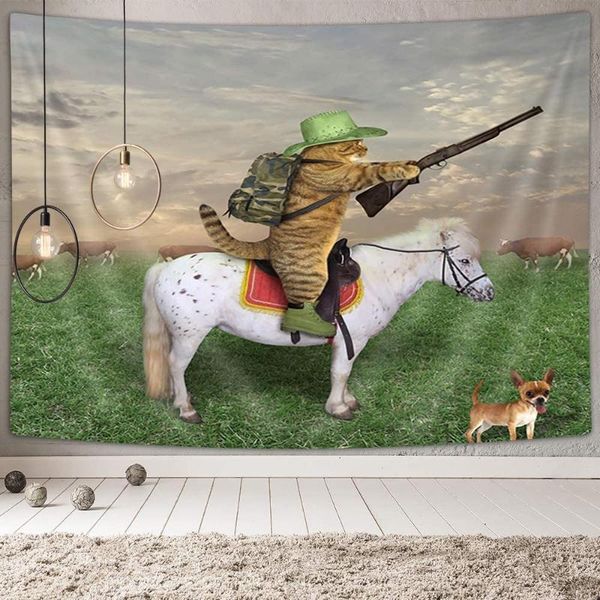 

tapestries funny animals tapestry cat cowboy with rifle rides a horse on green grass ranch cow dog wall