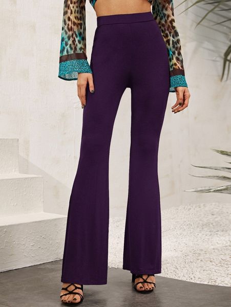 

solid high-rise flare pants v638#, Black;white