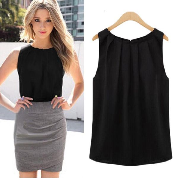 

versatile chiffon women summer blouse black white sleeveless wooden ear solid casual style large size round neck elegant shirts