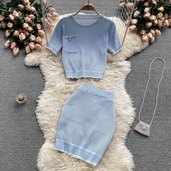

two piece dress set women pullover sweater + mini skirt suit short sleeve knit elasticity waist sets knitted tracksuit eq8r, White