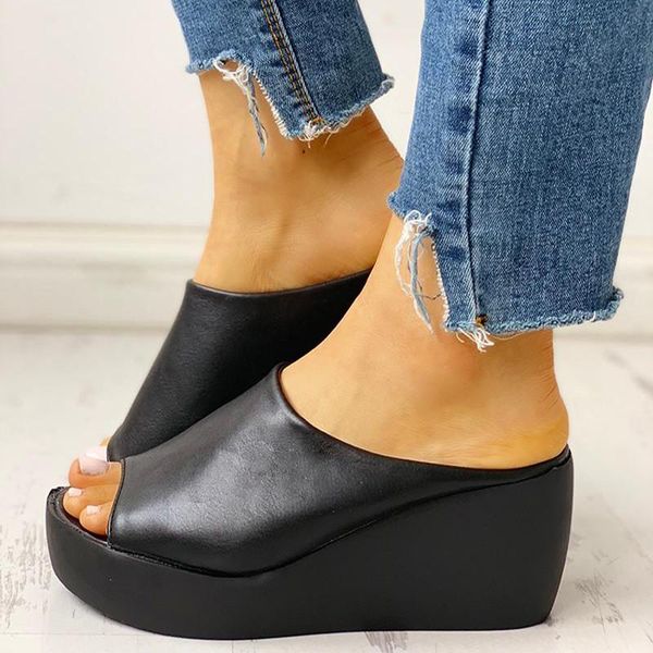 

summer women slipper wedges leather slip on casual beach slides platform ladies shoes height increasing chunky zapatos de mujer, Black
