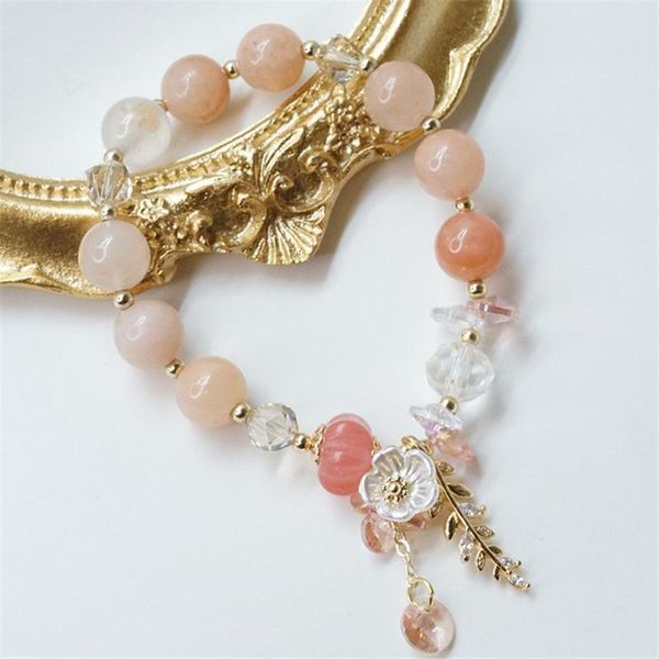 

link, chain candy color stone bracelet flower leaf pendant crystal spring and summer travel holiday style jewelry, Black