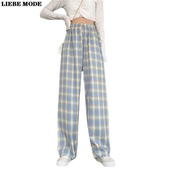 

women's pants & capris korean summer plaid streetwear long women straight wide leg pant elastic high waist female loose trousers haraju, Black;white