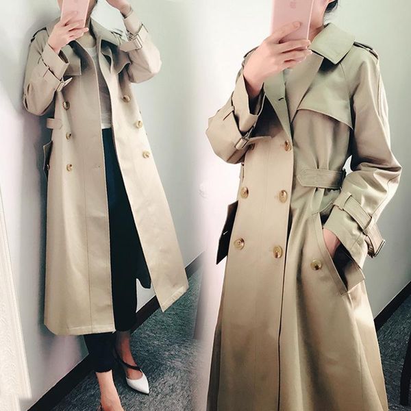 

women's trench coats autumn period and the wind over-the-knee windbreaker long closed han edition dress khaki show thin waist coat, Tan;black