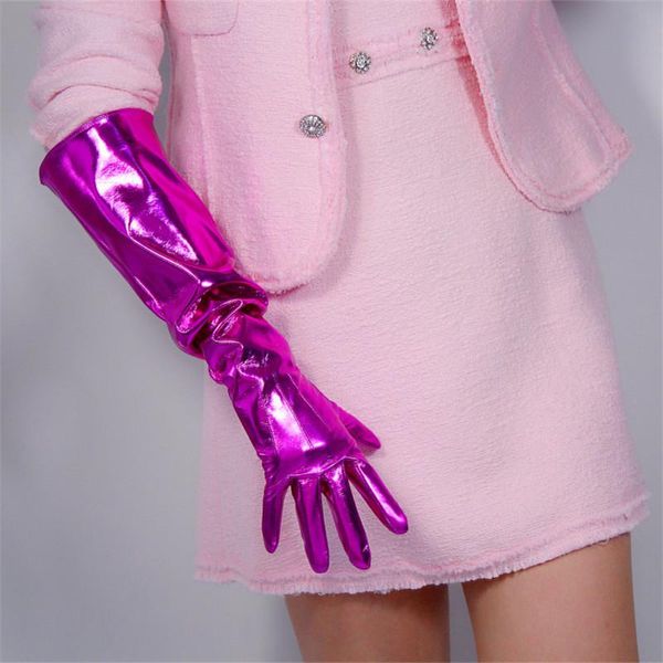 

five fingers gloves 50cm patent leather long big sleeve lantern emulation bright rose red female pu12-50w, Blue;gray