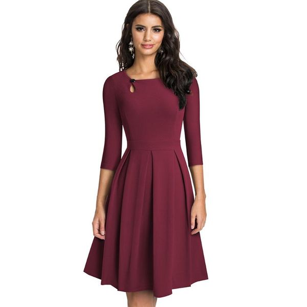

autumn vintage commuting solid color with button dresses party a-line women flared swing dress, Black;gray