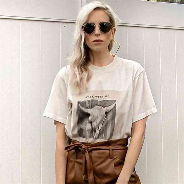 Ziegenkopf Druck Grafik T-Shirts Frauen Sommer Kurzarm O Hals Baumwolle Chic T-shirt Casual Vintage Hippie Shirts Tops 210720