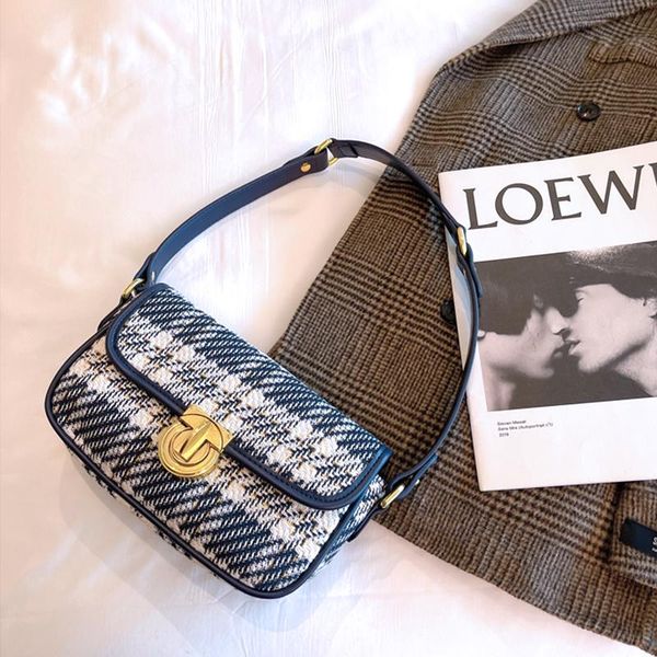 

cross body canvas bag women handbags 2021 girls shopper fashion casual niche design blue plaid stripes lock baguette crossbody bags
