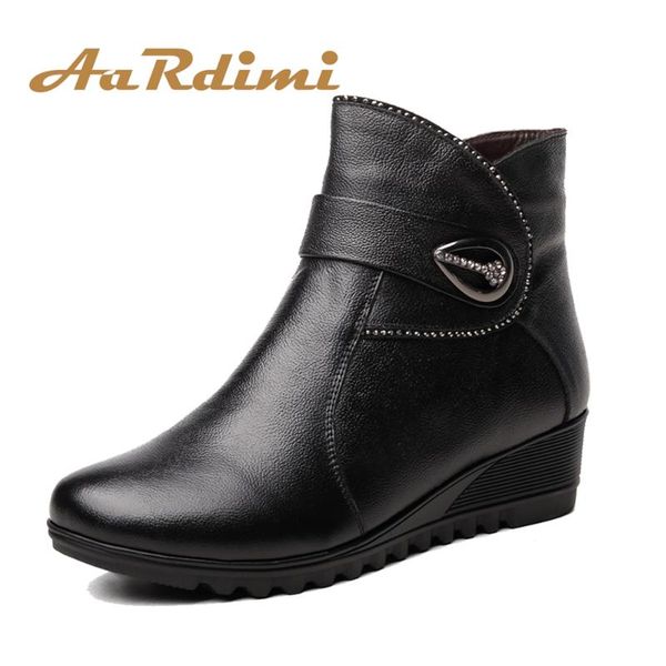 

boots nice winter women ankle handmade genuine leather woman wedges rome style add fur flats shoes, Black