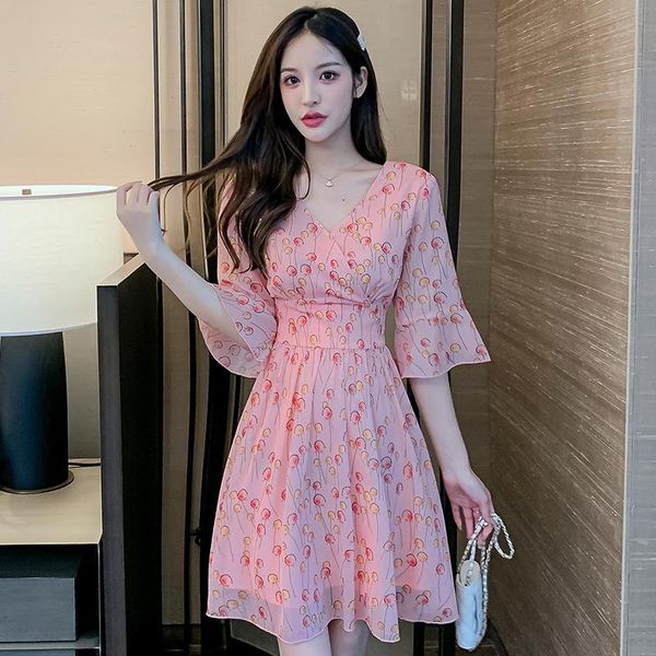 

party dresses summer casual pink print chiffon beach mini 2021 korean vintage sweet sundress women elegant bodycon vestidos, White;black