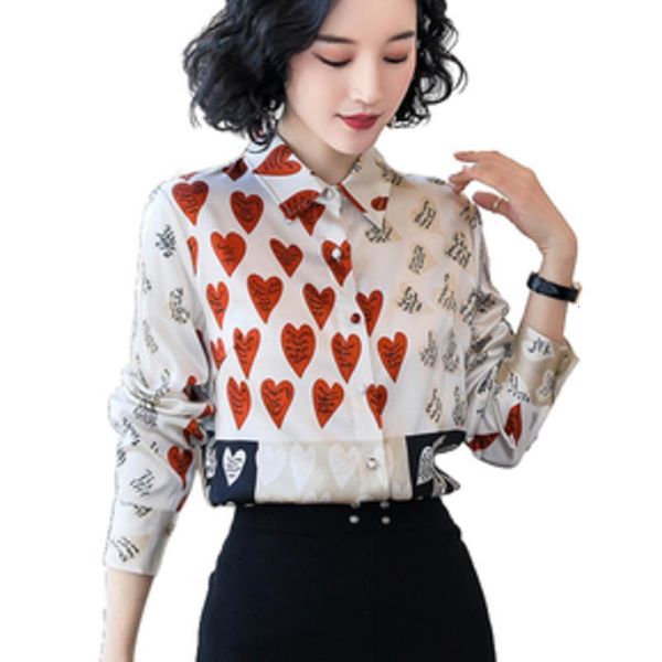 

ewq] regular 2021 autumn heavy silk womens long sleeved fashion western style single breasted fanling printed shirt ladies drop shipping, White