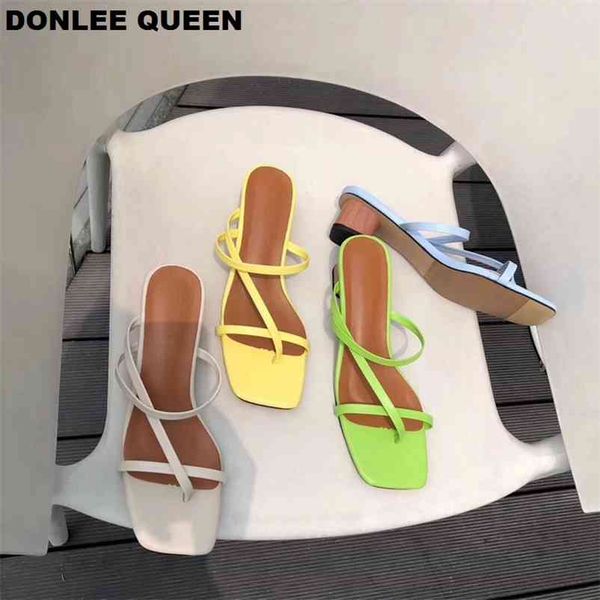 

summer brand square wooden heel slippers shoe n band sandal korean low slides vacation flip flops shoe 210619, Black