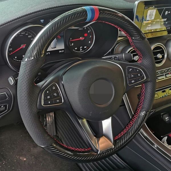 Capa de volante de carro DIY antiderrapante preto genuíno couro genuíno fibra de carbono para Mercedes-Benz W176 A180 A200 B180 B200