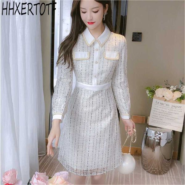 

autumn small fragrant tweed dres fashion hit color long sleeve single-breasted elegant 210531, Black;gray