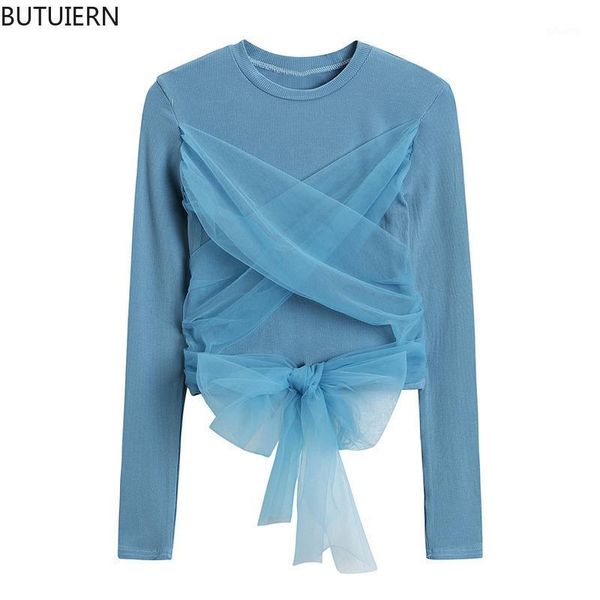 

t shirt irregular spliced mesh slim rib knit long sleeve tees female 2021 spring fashion retro party club solid ladies women's t-s, White