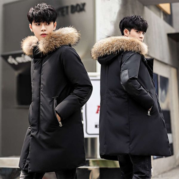 

2020 new hooded slim down jacket men's medium length han chaoliu youth fashion leisure big hair collar coatwinter, Black