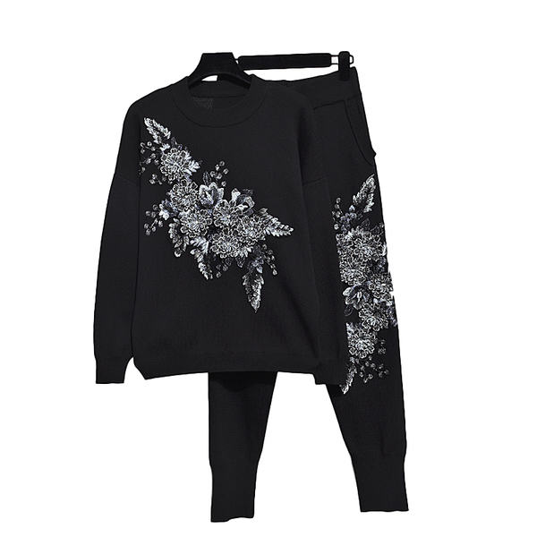 

women's two piece pants fashion autumn 2 set women korean flowers loose long sleeve knitted sweater + casual little feet knit h712, White