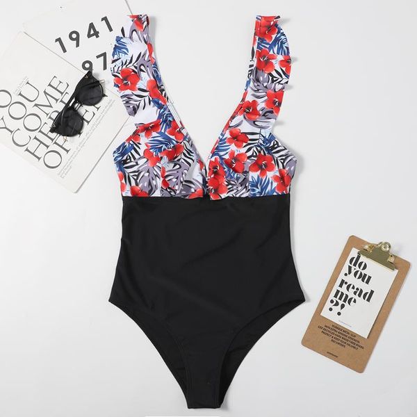 

ruffles v-neck swimsuit vintage print one piece swimwear women stroj kapielowy mujer trikini banador monokini bikini badpak