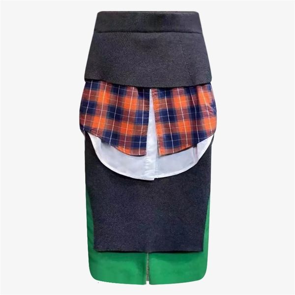 

[] high elastic waist ruffles black plaid split temperament half-body skirt women fashion tide new spring autumn 1n040 210315