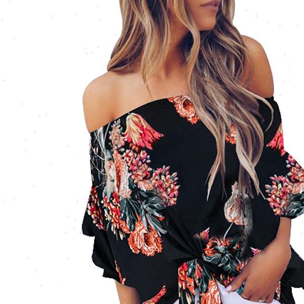 

women blouse slash neck tie knot floral print summer off shoulder casual shirts ladies fashion clothes blusas de, White