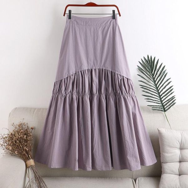

skirts summer womens 2021 vintage solid color pleated skirt elastic high waist casual midi purple women clothes jupe y786, Black