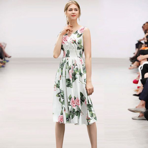 

2021 new runway floral printed midi summer women's elegant v-neck pleated knee-length ouzz, Black;gray