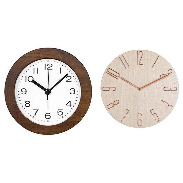 

wall clocks 1 pcs 4 inch small retro analog wooden alarm clock with night light & 12 living room home beige