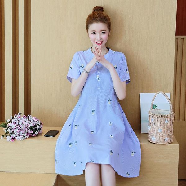 

maternity dresses flower embroidery summer fashion short sleeve clothes for pregnant women striped pregnancy clothing, White