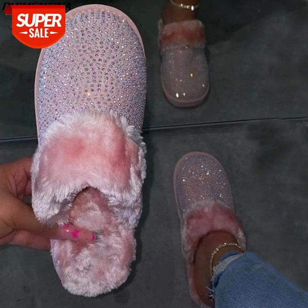 

dropship women rhinestone slippers furry fur slides fur flops fluffy plush house shoes female winter warm slippers #t34u, Black