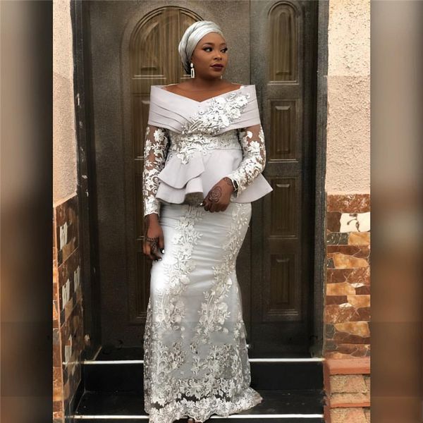 

silver mermaid off shoulder evening dresses long sleeves african pleats appliques arabic formal long prom party gowns 2021 mother of bride, Black;red