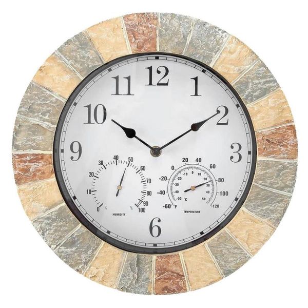 

wall clocks 14 inches round clock resin faux slate household universal with hygrometer humidity measure weather proof
