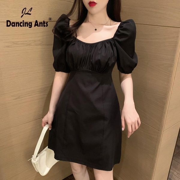 

women a-line dress square collar short sleeve korean slim vestidos 2021 summer female elegant vintage solid above knee dresses, Black;gray