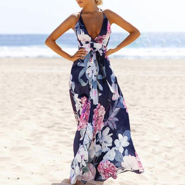 

telotuny dress women floral printed bodycon derss elegant sleeveless backless beach long dress summer vestido dropshipping, White