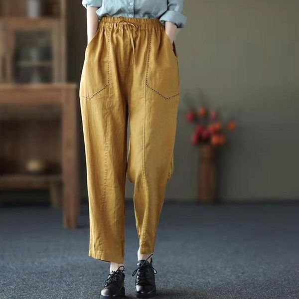 

women's pants & capris 2021 spring/autumn arts style women loose elastic waist ankle-length all-matched casual cotton linen harem w09, Black;white