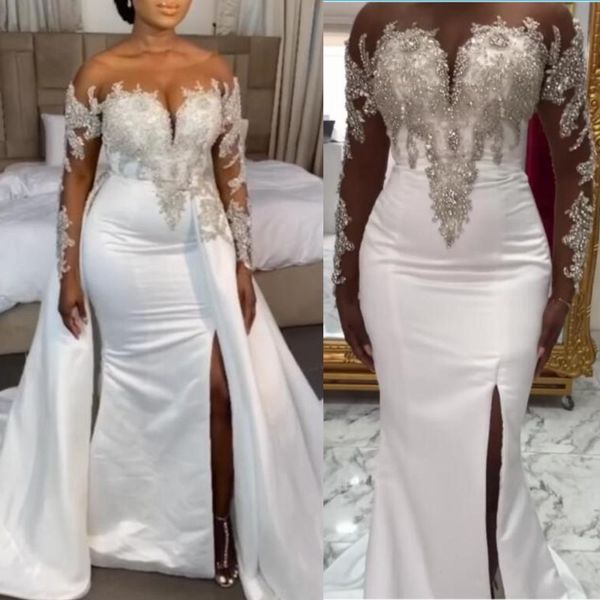 

african plus size wedding dresses with detachable train sheer beads side slit mermaid wedding dress satin bridal gowns robe de mariee, White