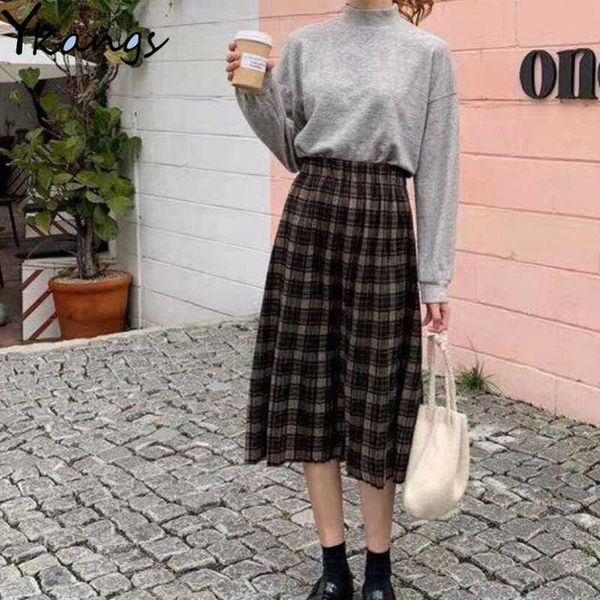 

vintage plaid pleated long skirts winter women punk rock korean woolen warm skirt plus size streetwear high waist midi skirt 210619, Black