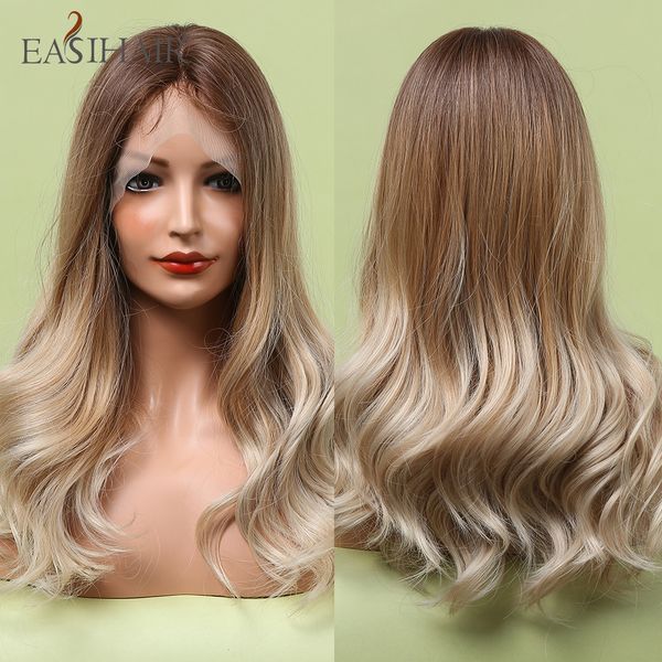 

wavy blonde to blonde ombre synthetic lace front wigs for women medium length wavy hair heat resistant, Black