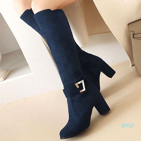 Stivali Lapolaka Plus Size 46 Block High Heels Elegant Office Lady Knee Winter Zipper Flock Scarpe da donna classiche vintage