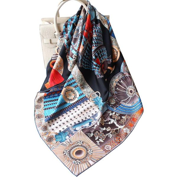 

scarves luxury 100% twill silk scarf women fashion warrior armor print shawl hijab hand rolled kerchief stole square bandana 90*90cm, Blue;gray