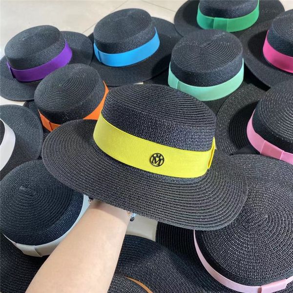 

color bandage version simple black flat straw outdoor sunscreen hat, Yellow