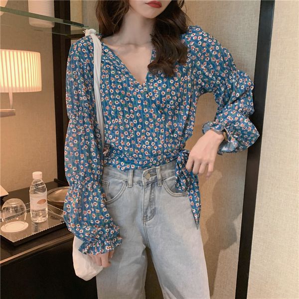 

2021 new autumn korean style v neck long sleeve blouse women floral print shirts loose vintage lace up chiffon (cx1177) g5qy, Black;brown