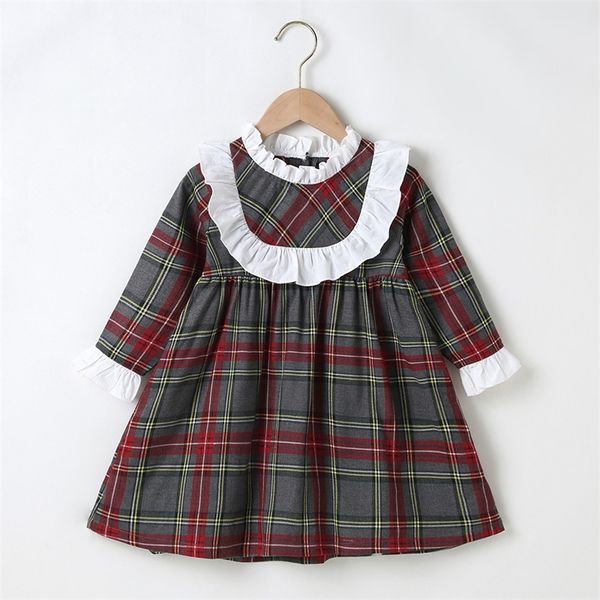 

winter new arrivals long sleeve peter pan collar white lace red green plaid cute dress vestidos 18m-6t 210303, Red;yellow