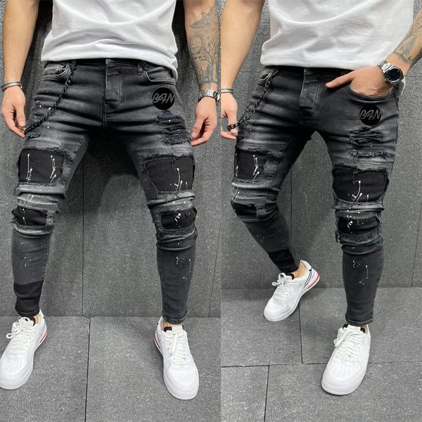 

2021 new men's skinny tear zipper hip hop jeans unofficial print letters tut4, Blue